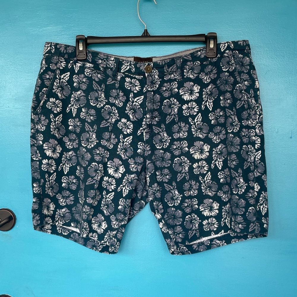 Jachs Teal Blue Floral Men's Flat Front Chino Summerwear Shorts SZ 38